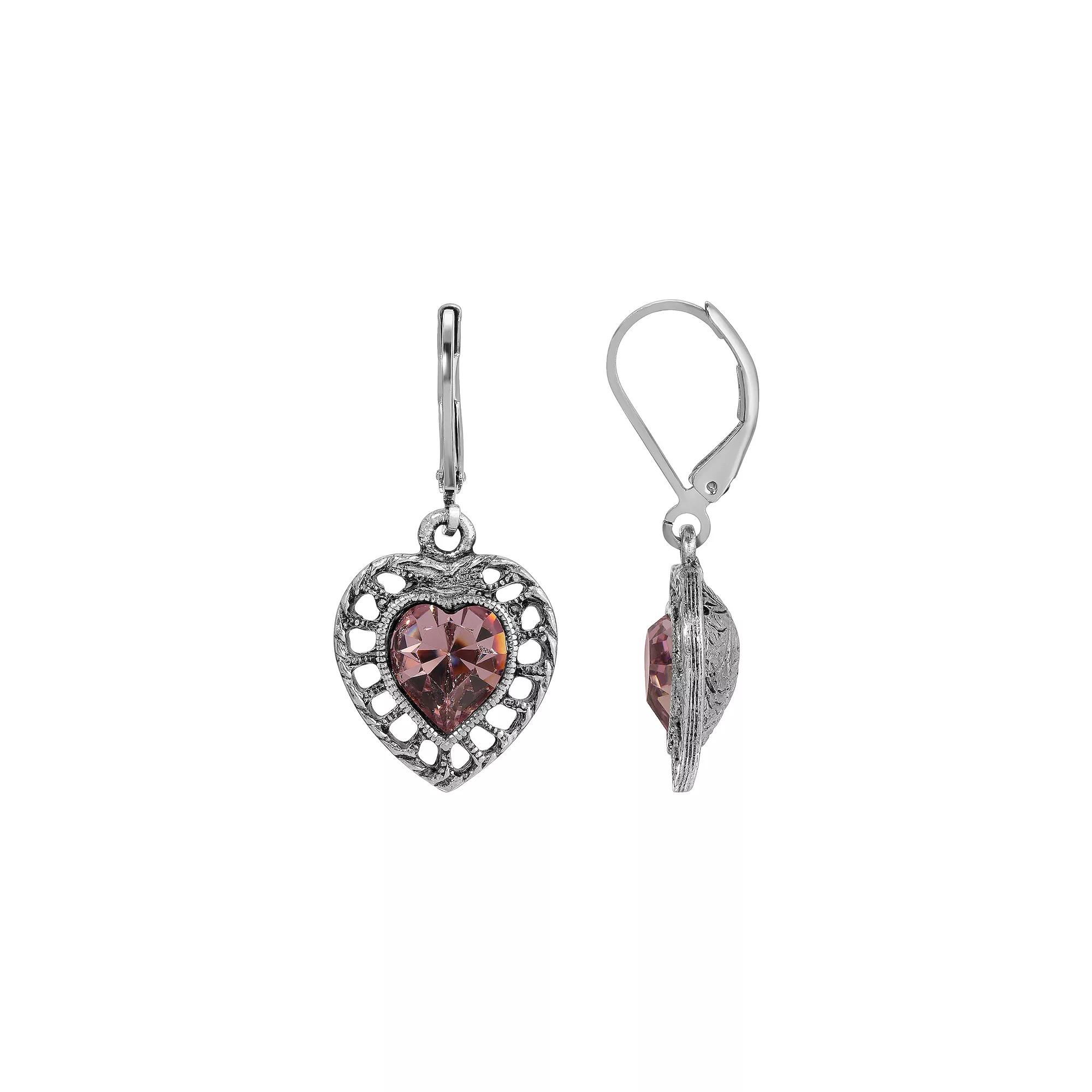 1928 Silver Tone Filigree Heart Color Stone Earrings, Womens, Purple Product Image