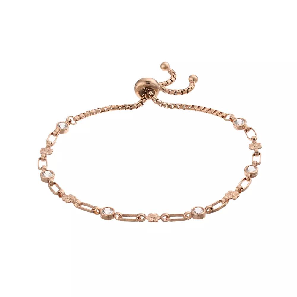 Kristen Kesho Sterling Silver Lab-Created White Sapphire & Flower Link Adjustable Bolo Bracelet, Women's, Size: 9.50, Pink Tone Product Image