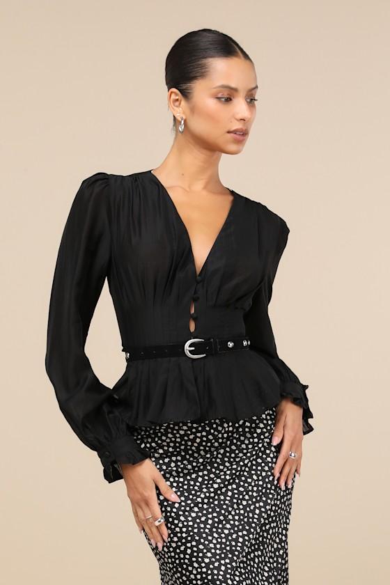 Advanced Style Black Pleated V-Neck Long Sleeve Top Product Image