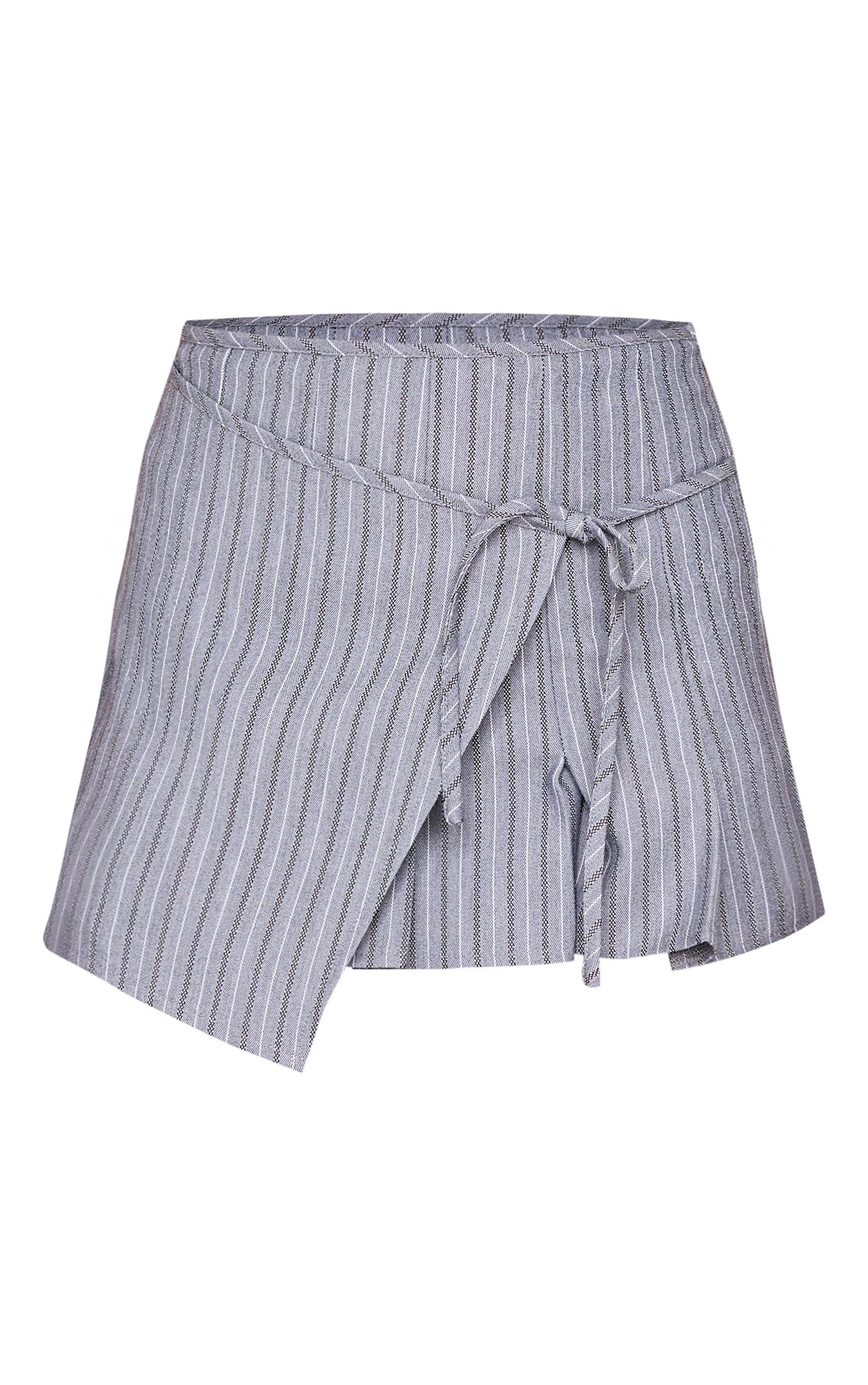 Grey Striped Wrap Tie Detail Pleated Skirt Product Image