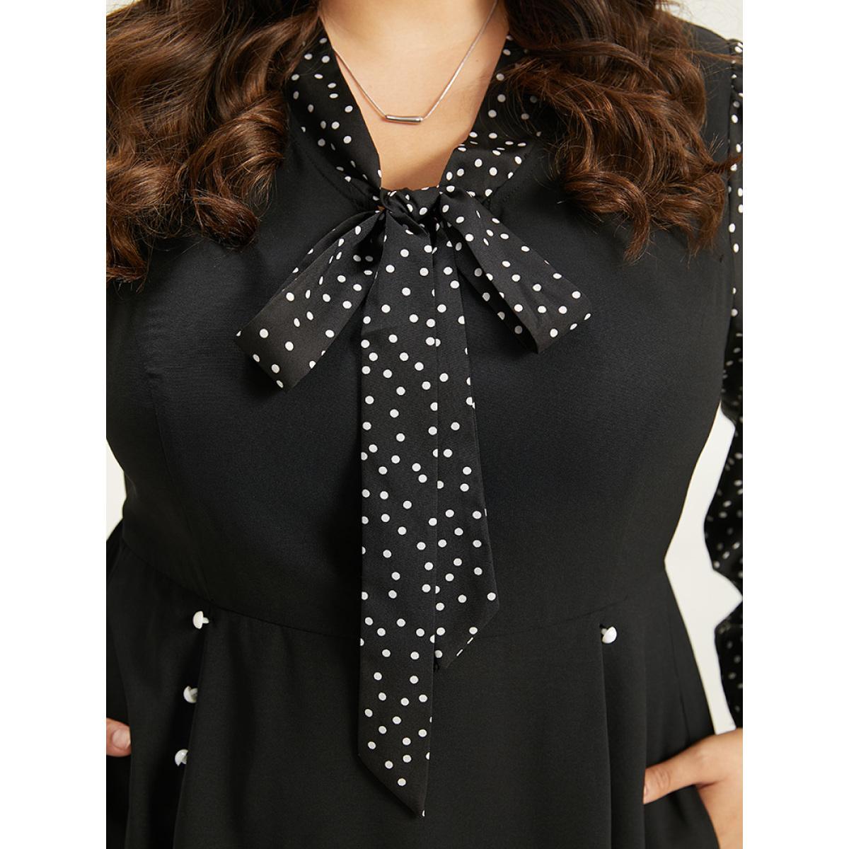 Plus Size Polka Dot Ties Pocket Button Detail Dress Black Women Office Elastic cuffs Tie Neck Long Sleeve Curvy Knee Dress BloomChic 14-16/1X Product Image