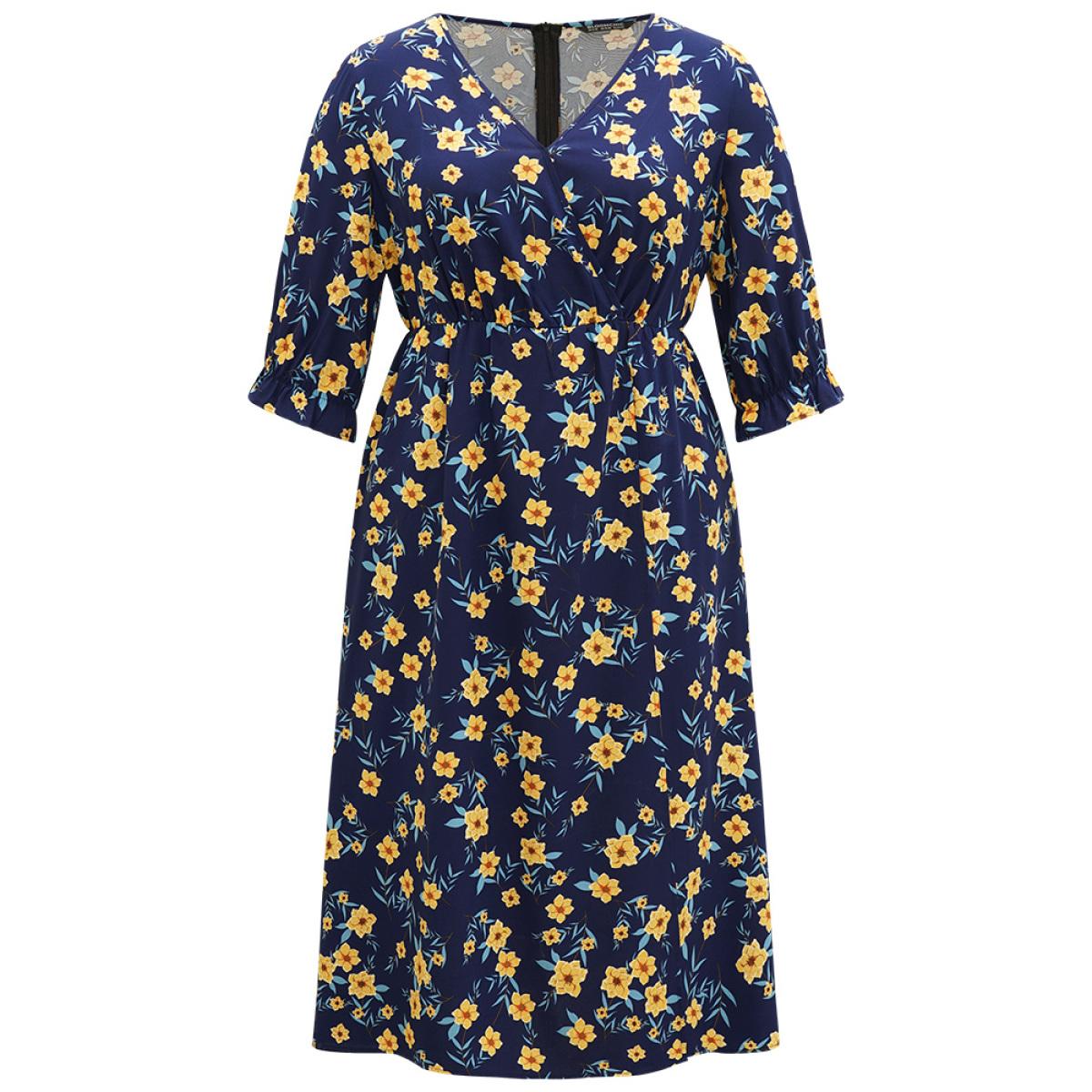 Plus Size Indigo Floral Print Pocket V Neck Wrap Split Hem Jumpsuit Women Elegant Half Sleeve V-neck Dailywear Loose Jumpsuits BloomChic 14-16/1X Product Image