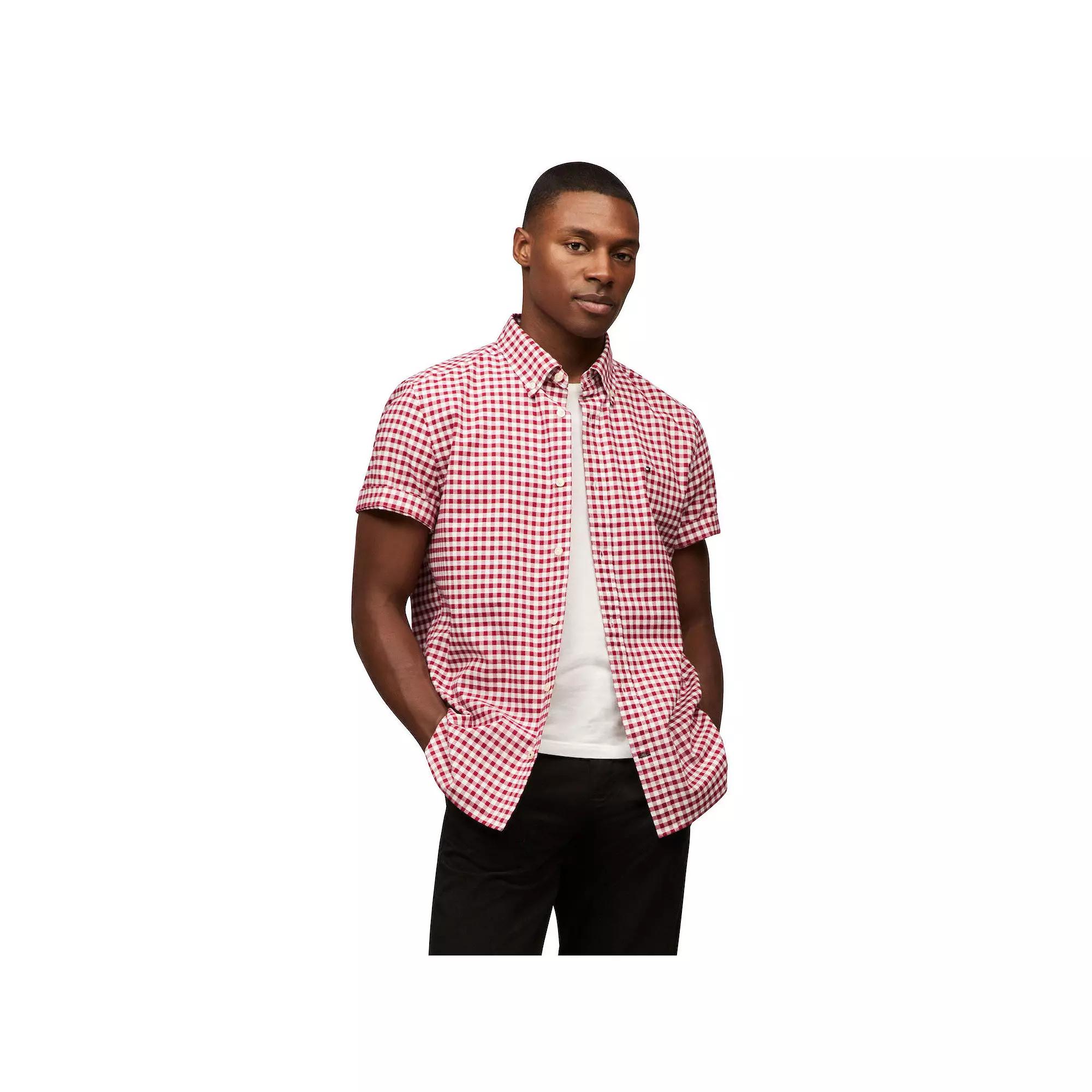 Men's Tommy Hilfiger Stretch Oxford Short Sleeve Shirt, Size: XXL, Royal Pink Check Product Image