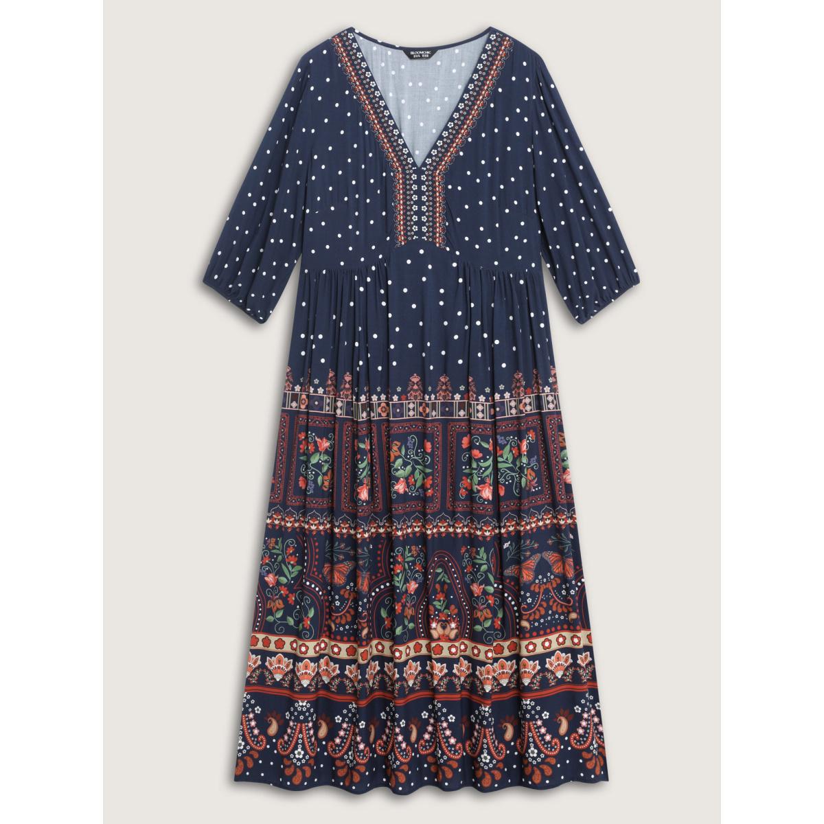 Plus Size Boho Floral Print Pockets Contrast Maxi Dress DarkBlue Women Boho V-neck Elbow-length sleeve Curvy BloomChic 18-20/2X Product Image