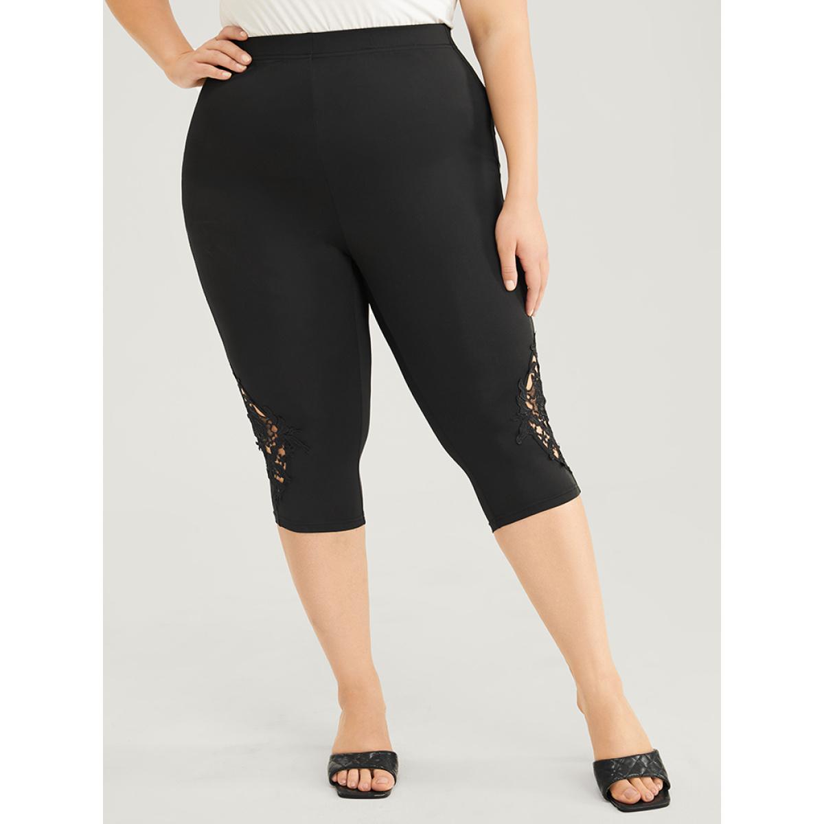 Plus Size Skinny Contrast Lace Cropped Leggings Women Black Elegant Medium stretch Skinny High Rise Dailywear Leggings BloomChic 10/M Product Image