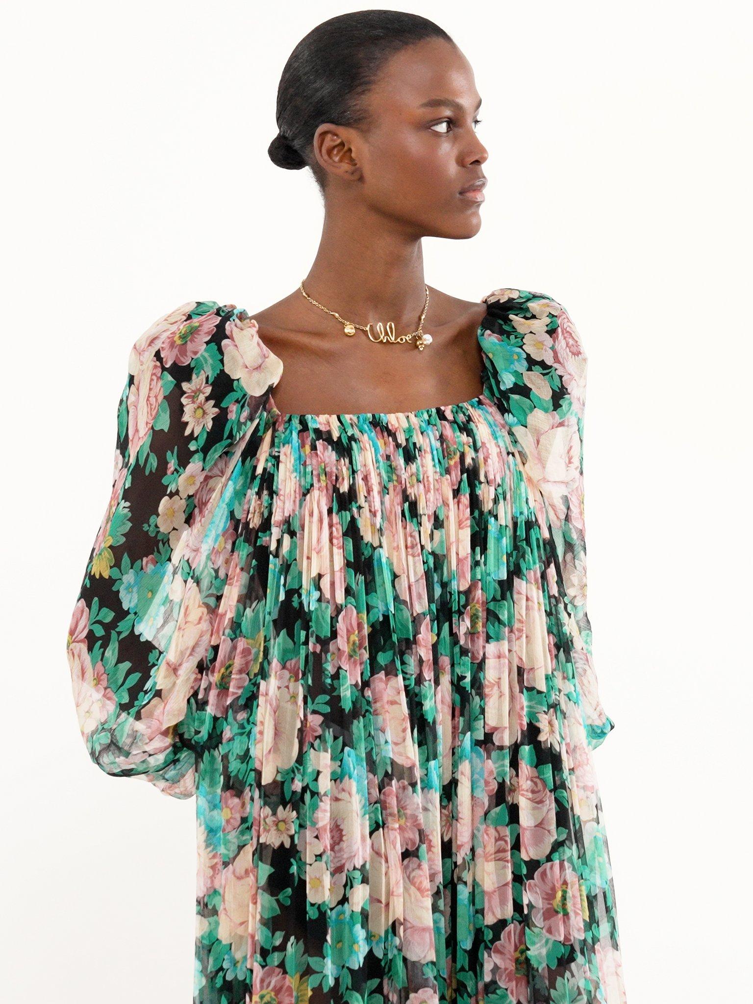 Puff-sleeve long dress in silk mousseline Product Image