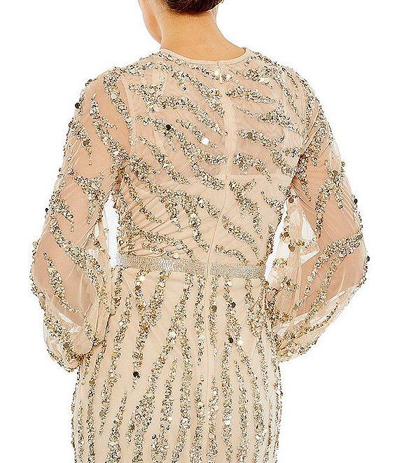 Mac Duggal Beaded Sequin High Crew Neck Long Sheer Puff Sleeve Gown Product Image