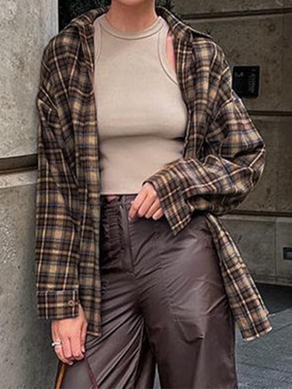 Vintage Plaid Print Long Sleeve Blouse Product Image