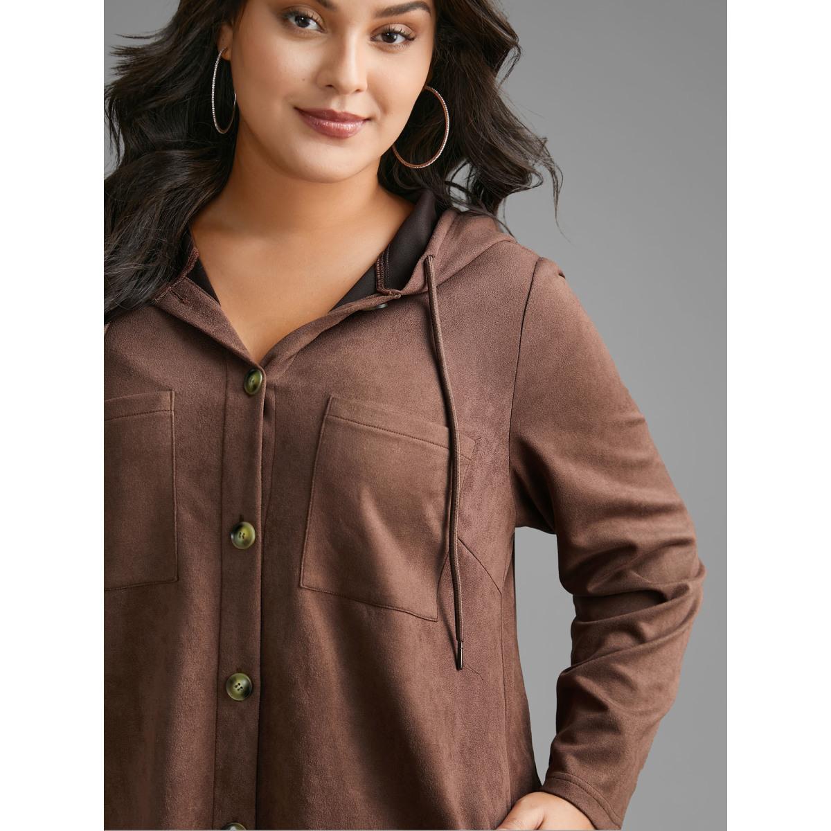 Plus Size Faux Suede Pocket Hooded Drawstring Jacket Women DarkBrown Drawstring Loose Side seam pocket Everyday Jackets BloomChic 14-16/1X Product Image