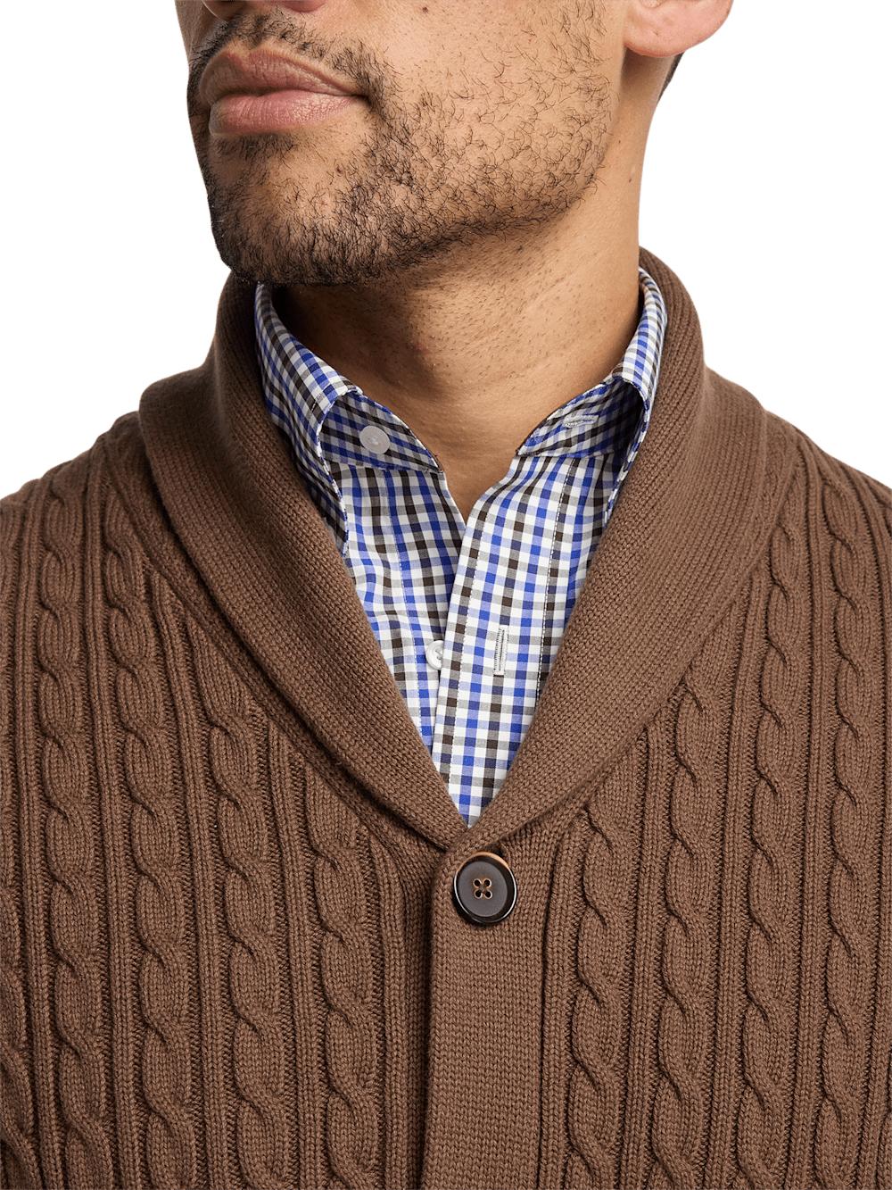 Cotton Cable Button Front Shawl Collar Cardigan - Brown Product Image