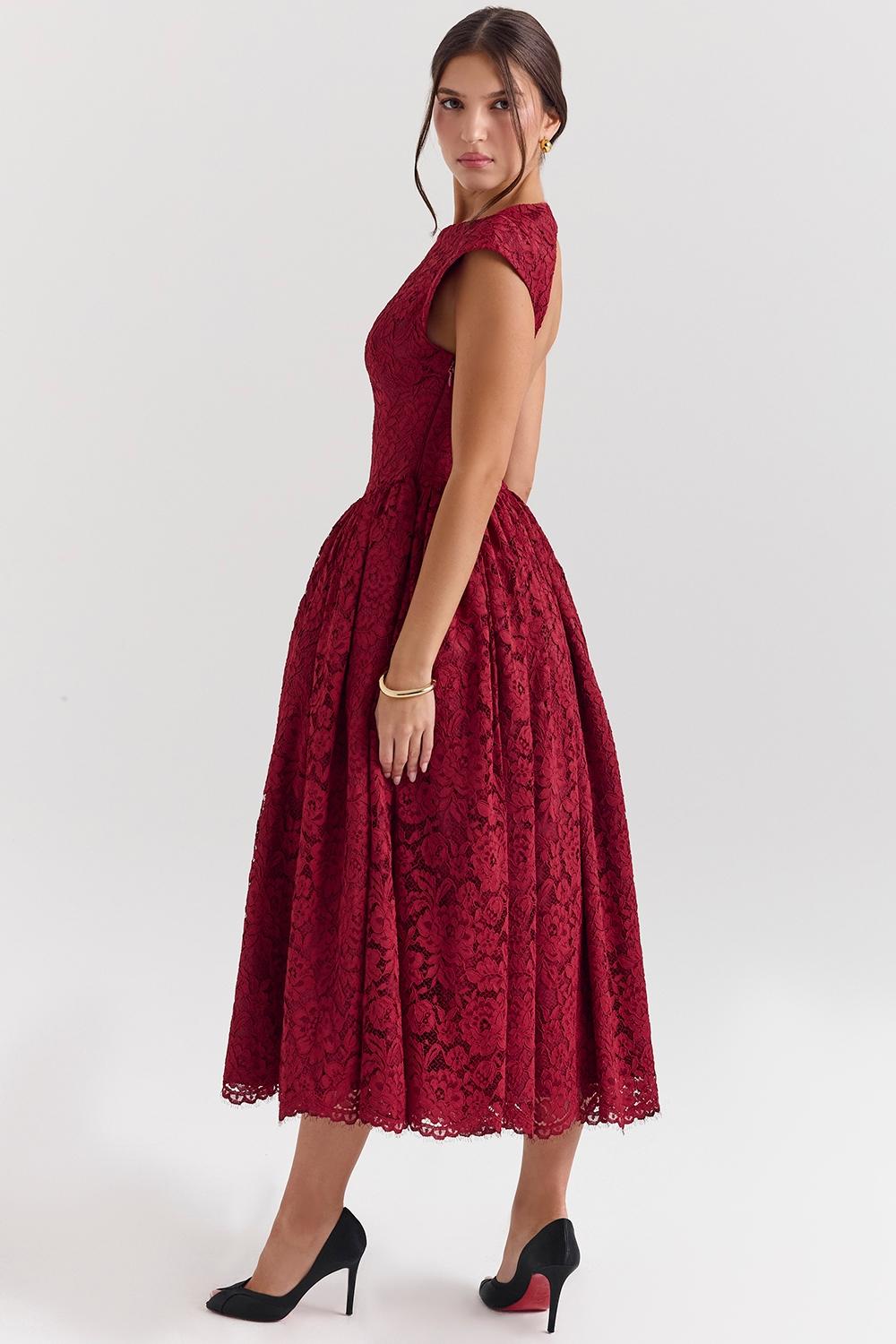 Debutante  berry lace backless midi dress Product Image
