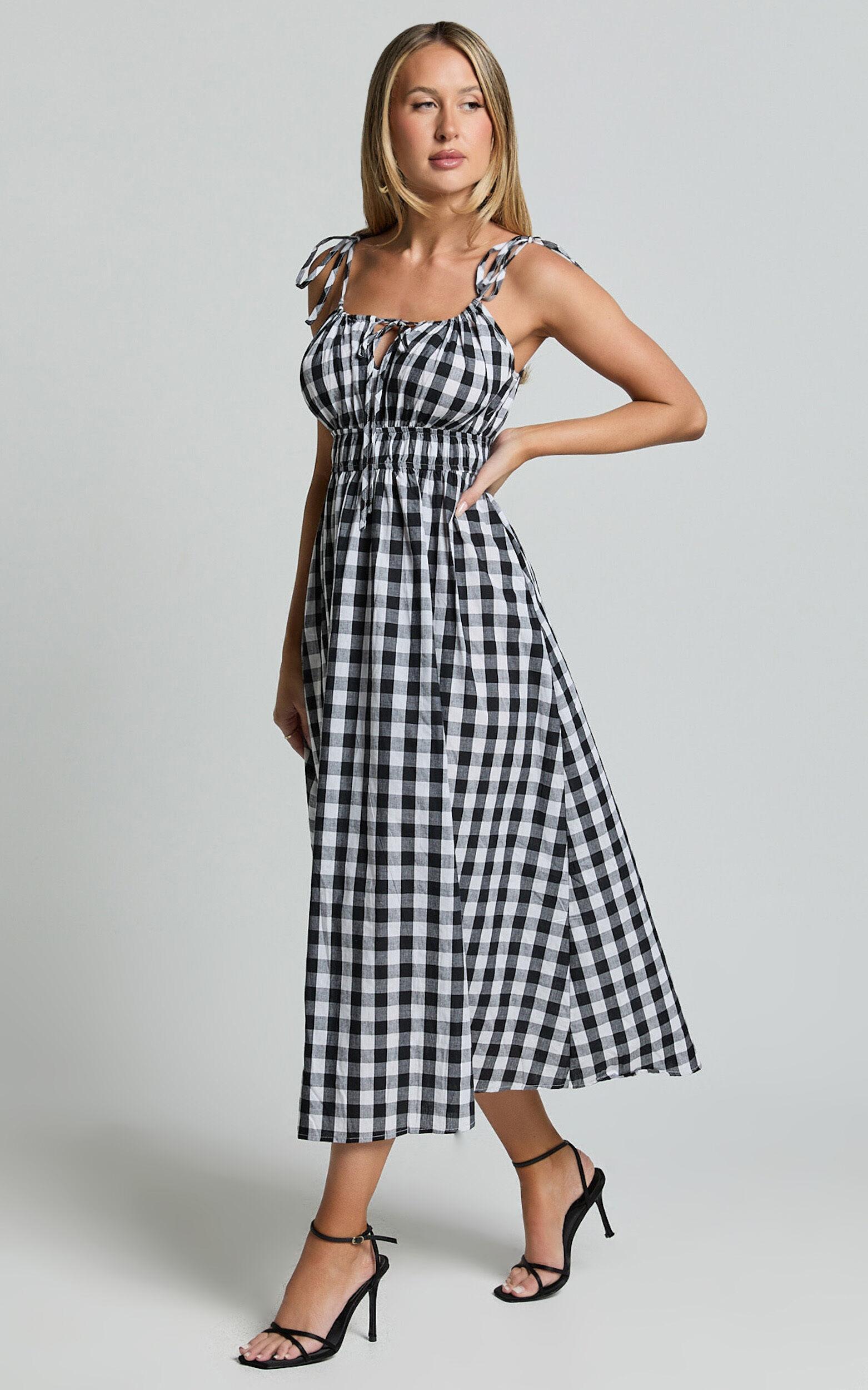 Vela Midi Dress - Strappy Tie Shoulder Elasticated Waist Dress in Black and White Gingham Product Image