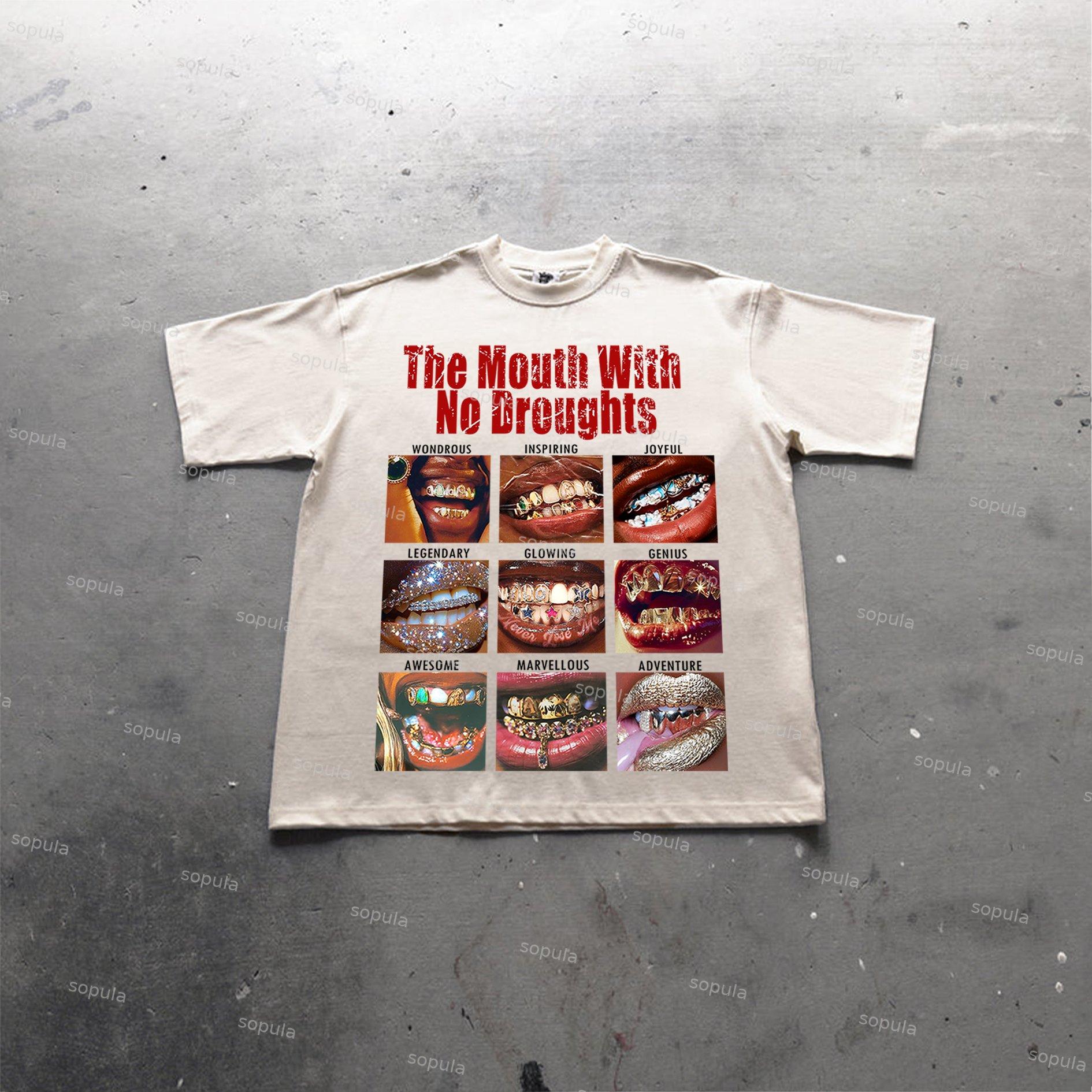 Sopula Casual The Mouth With No Droughts Graphic Print Cotton T-Shirt Product Image