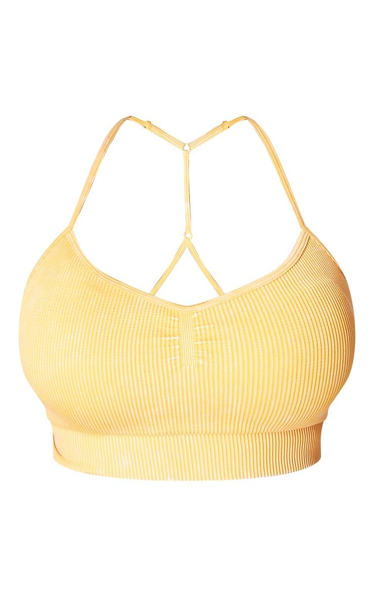 PLT SPORT Plus Mustard Acid Wash Seamless Rib Longline Cage Back Sports Bra Product Image