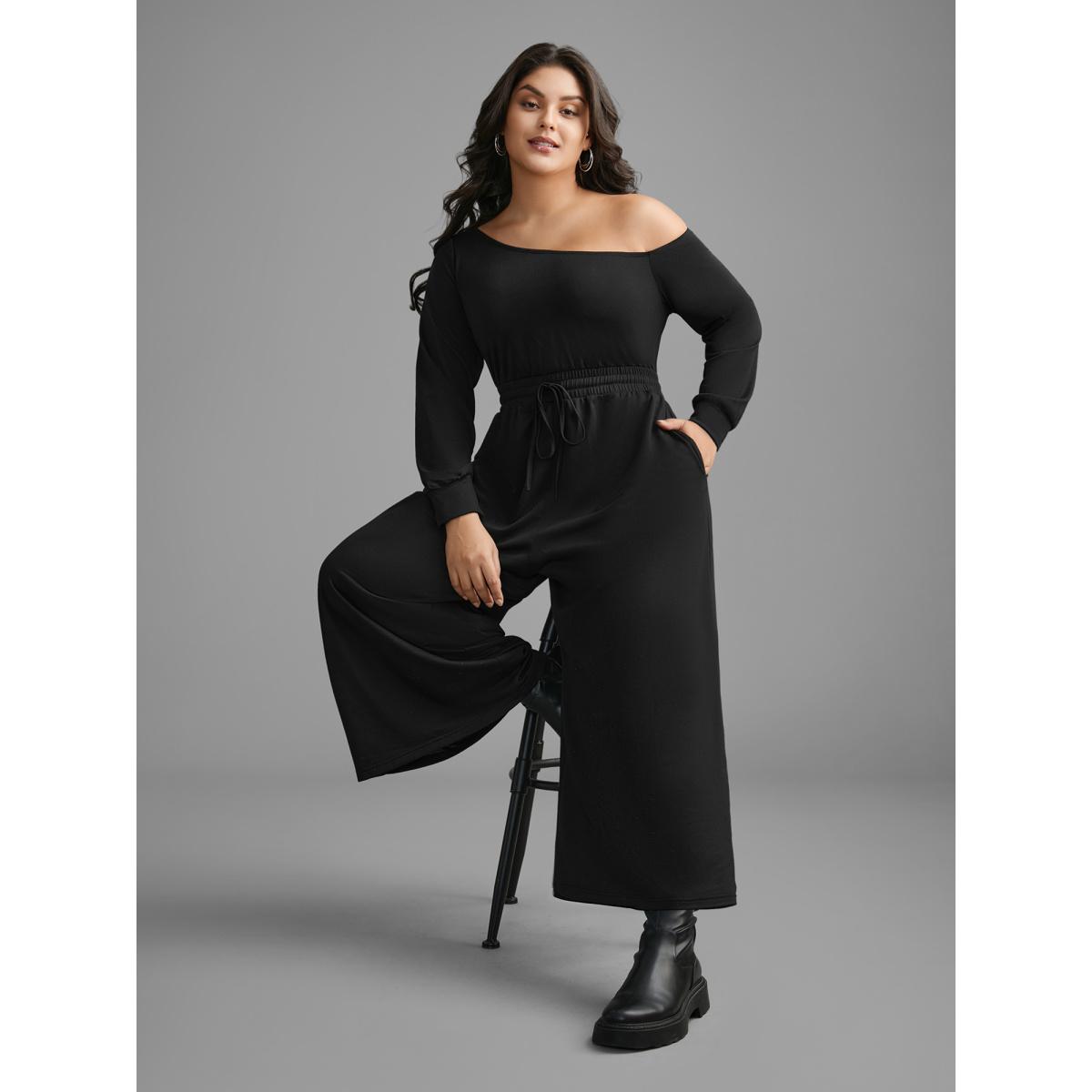 Plus Size Black Textured Sheer Hollow Sleeves Jumpsuit Women Casual Long Sleeve Asymmetrical Neck Everyday Loose Jumpsuits BloomChic 28/5X Product Image