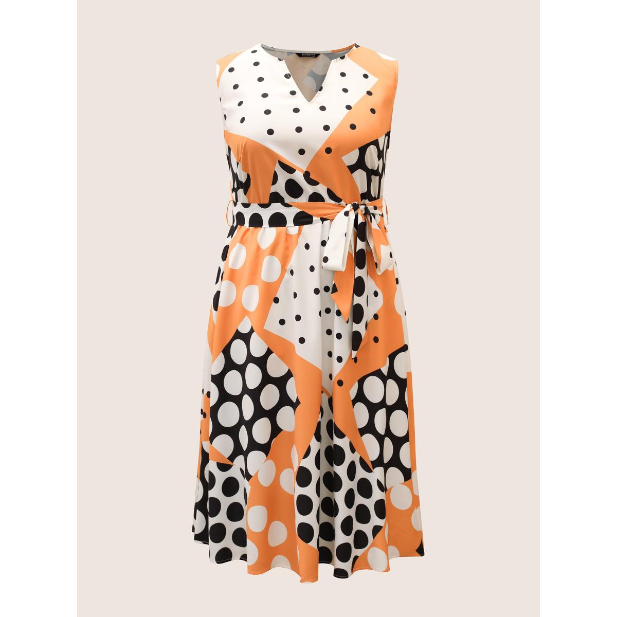 Plus Size Polka Dot Contrast Notched Collar Belted Dress Orange Women At the Office Belted Notched collar Sleeveless Curvy Midi Dress BloomChic 14-16/1X Product Image