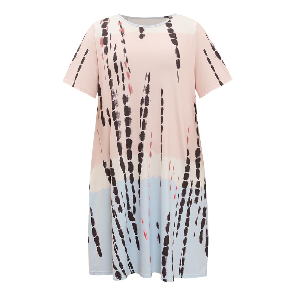 Plus Size Tie Dye Crew Neck Pocket Color Block Contrast Dress Multicolor Women Vacation Contrast Round Neck Short sleeve Curvy Midi Dress BloomChic 14-16/1X Product Image