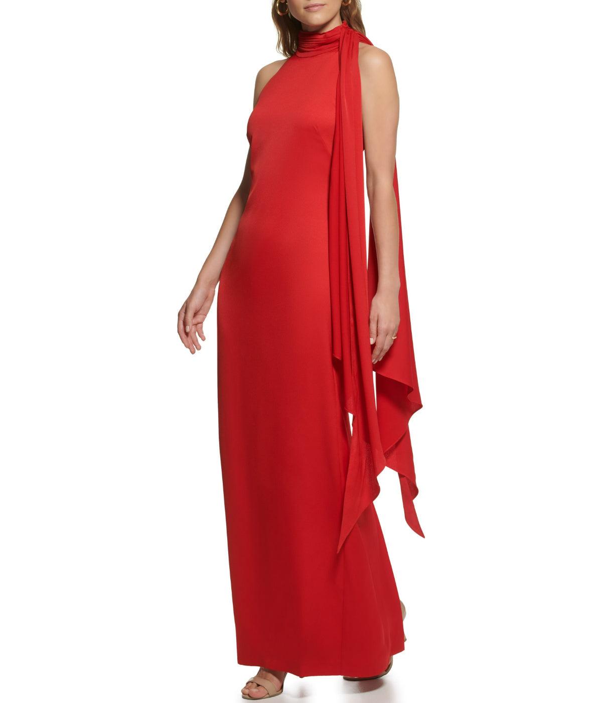Sleeveless Tie Halter Neck Ruffle Satin Gown Product Image