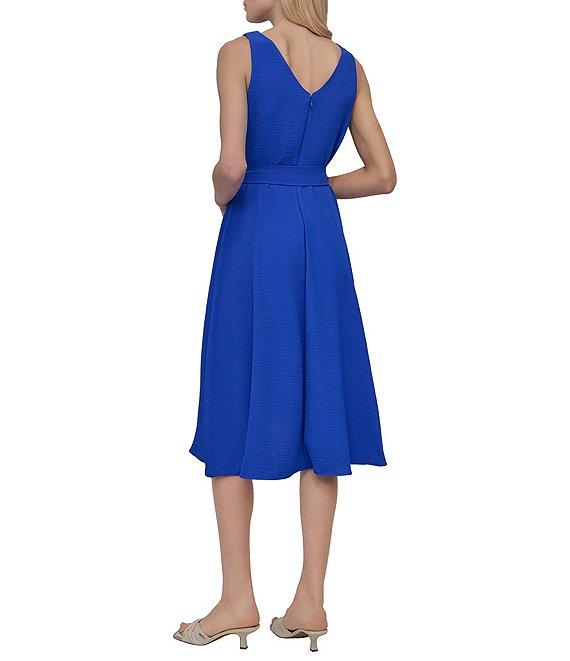 DKNY by Donna Karan V-Neck Sleeveless Bow Waist Washer Faux Wrap Dress Product Image