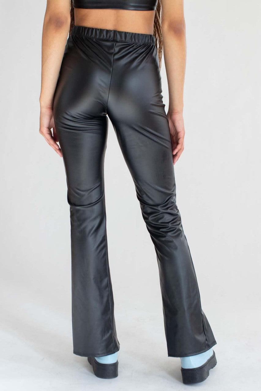 Black Split Front Pleather Bell Bottoms Product Image