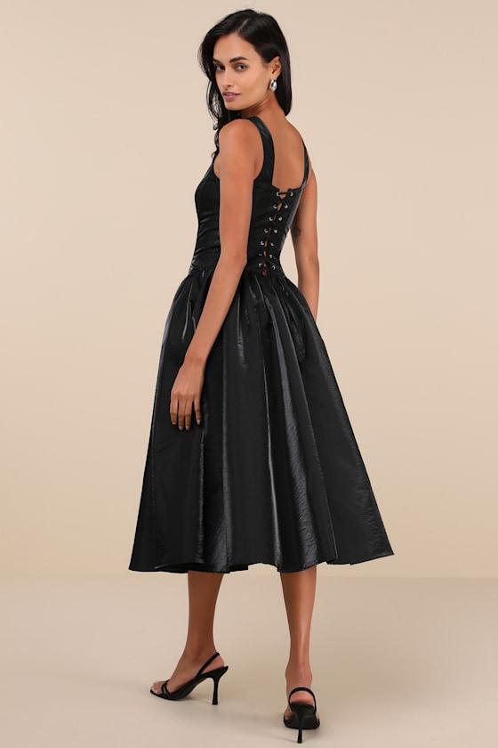 Sensationally Impressive Black Shiny Taffeta Lace-Up Midi Dress Product Image
