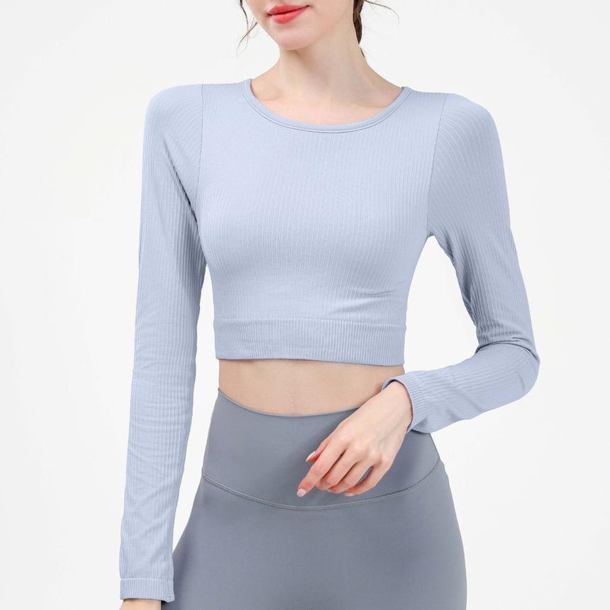 Long-Sleeve Round Neck Plain Crop Yoga T-Shirt Product Image