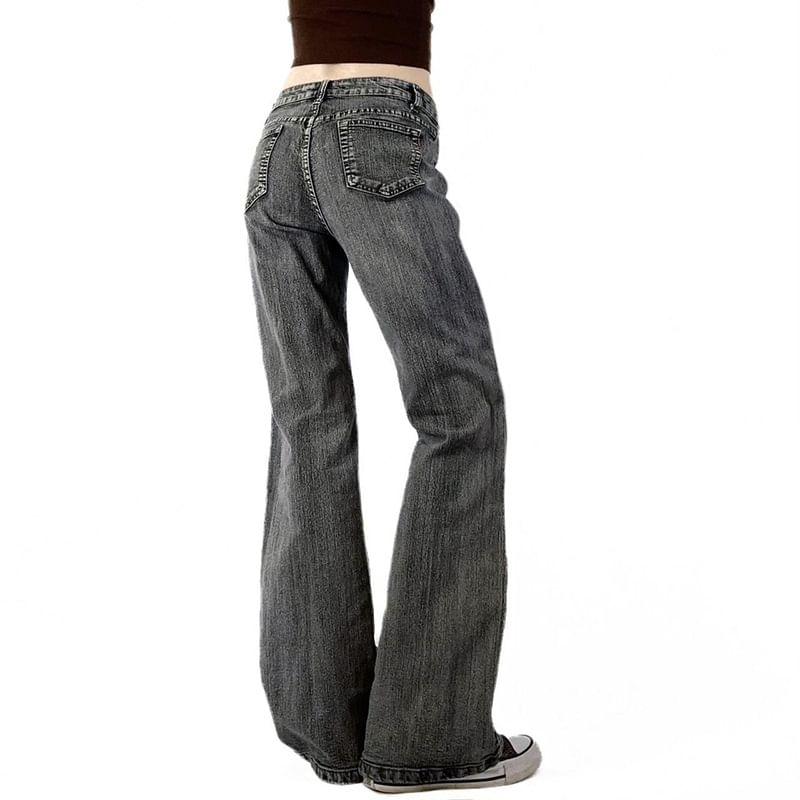 Mid Waist Floral Embroidered Flared Jeans Product Image