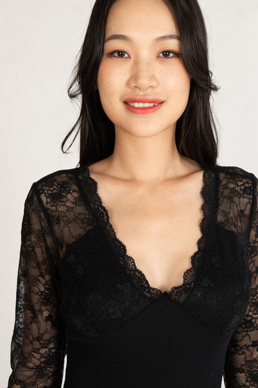 Lace Top V Neck Long Sleeve Bodysuit Product Image