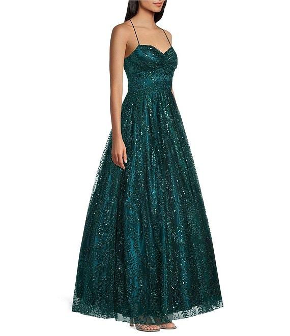 Blondie Nites Glitter Leaf Print Sweetheart Pinch Neck Tie Back A-Line Ball Gown Product Image