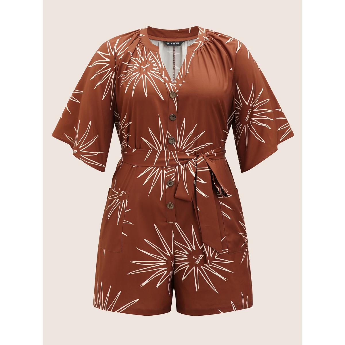Plus Size Maroon Sun Print Gathered Button Up Jumpsuit Women Resort Half Sleeve Flat collar with V-notch Vacation Loose Jumpsuits BloomChic 26/4X Product Image