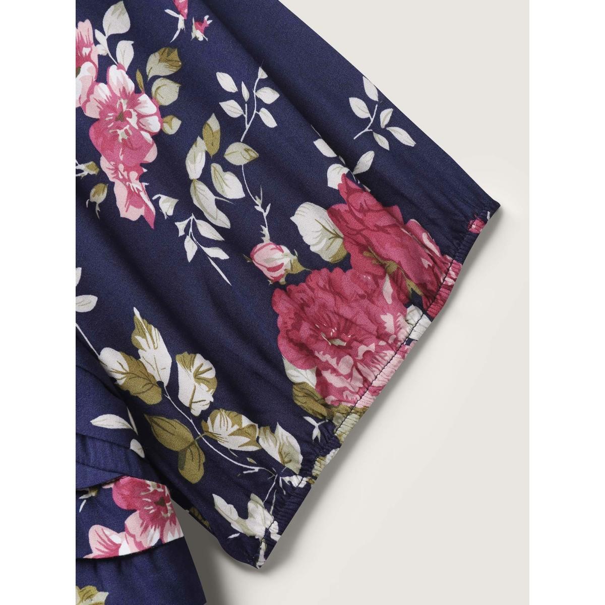 Plus Size Rosy Print Pleated Bust Ease Midi Dress Indigo Women Gathered Square Neck Short sleeve Curvy BloomChic 14-16/1X Product Image