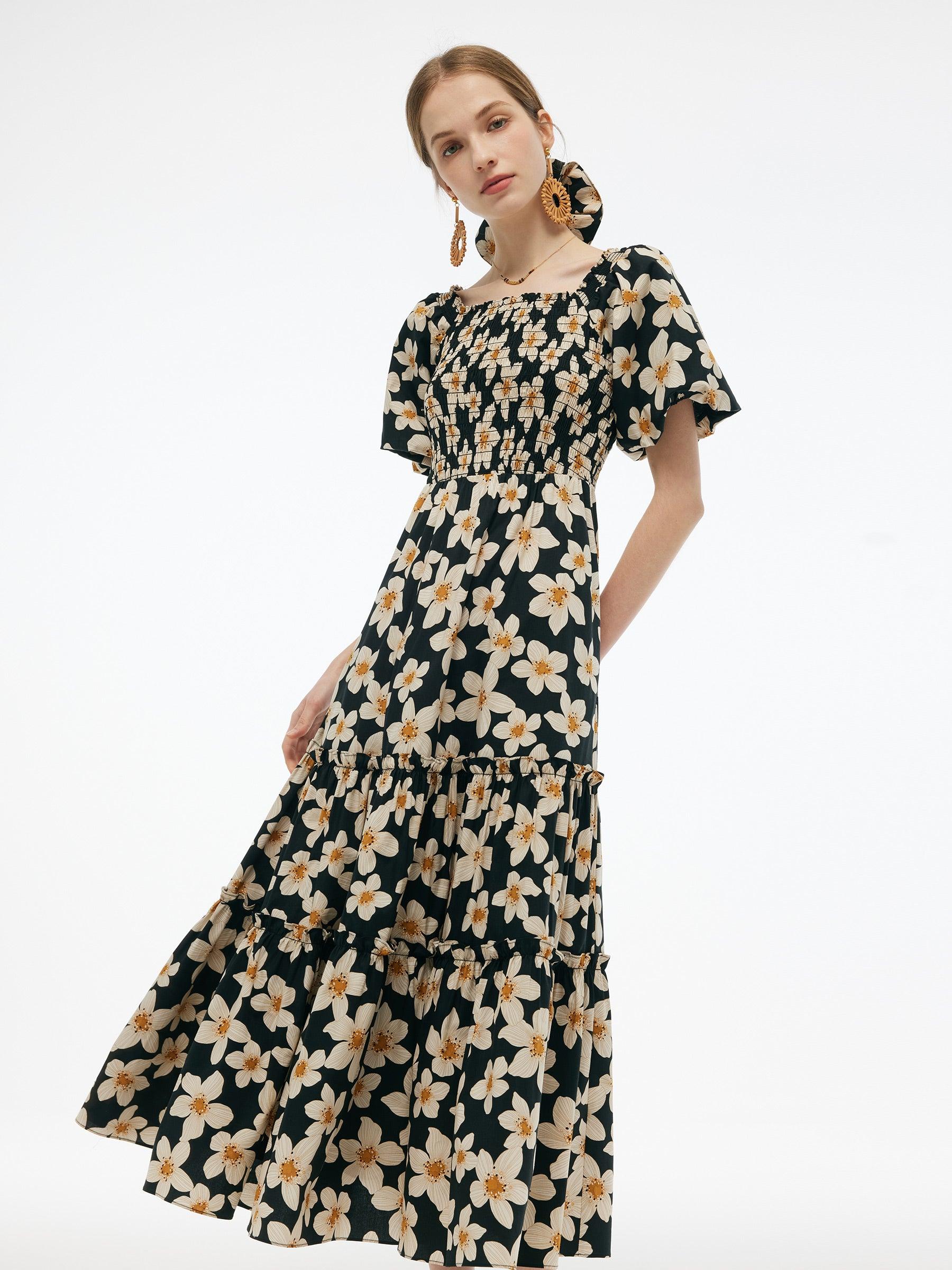 Cotton Stretch Floral Print Women Smocked Maxi Dress Product Image