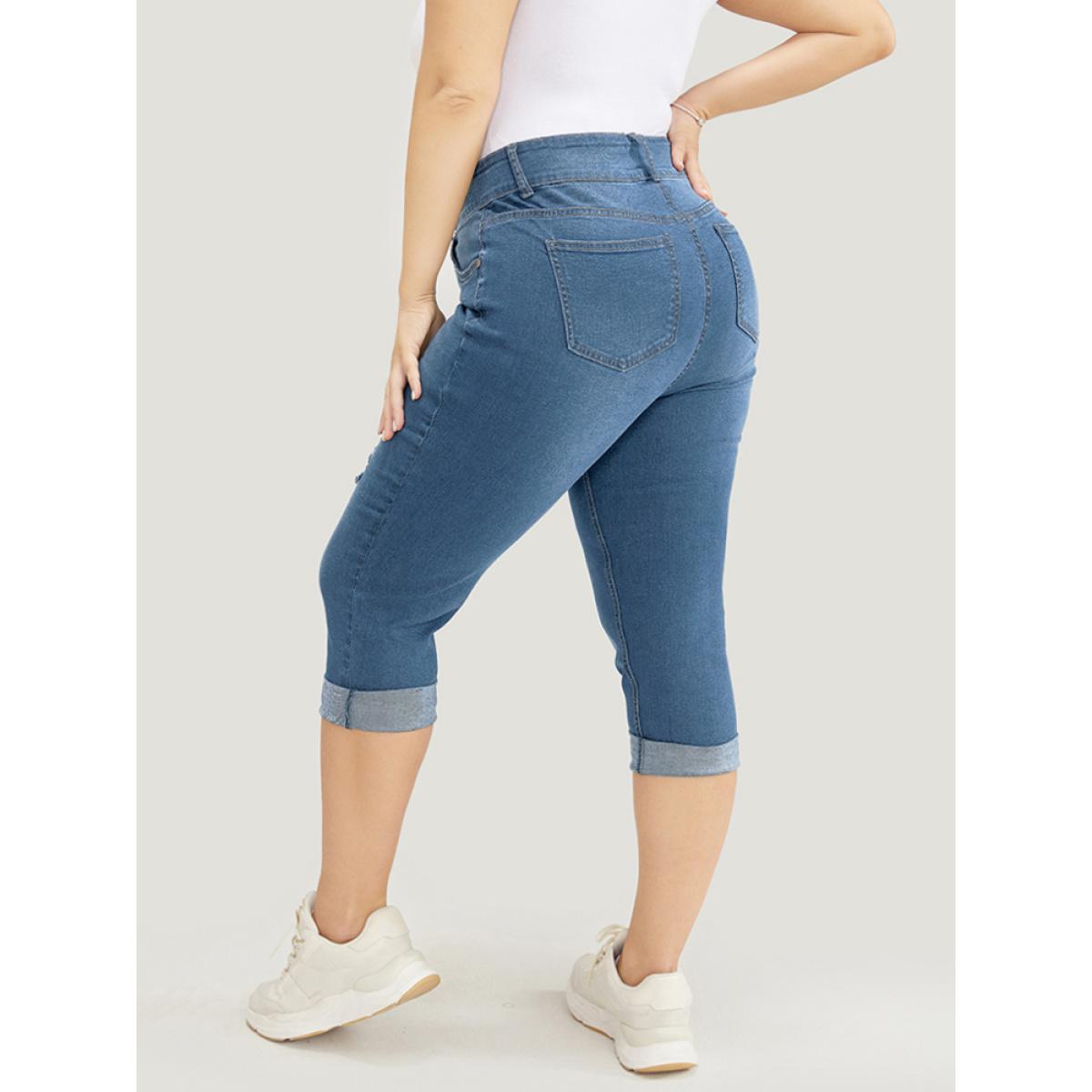 Plus Size Very Stretchy Dark Wash Cuffed Hem Distressed Knee Denim Shorts Women Blue High stretch Dailywear Pocket Casual Denim Shorts BloomChic 16/1X Product Image