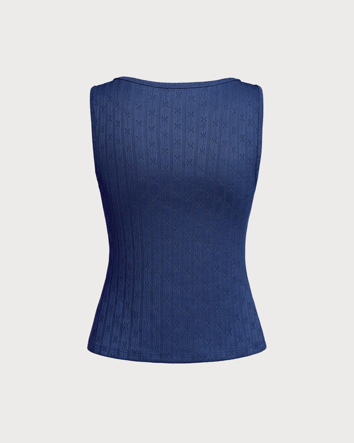 Blue Boat Neck Ribbed Knit Tank Top Product Image