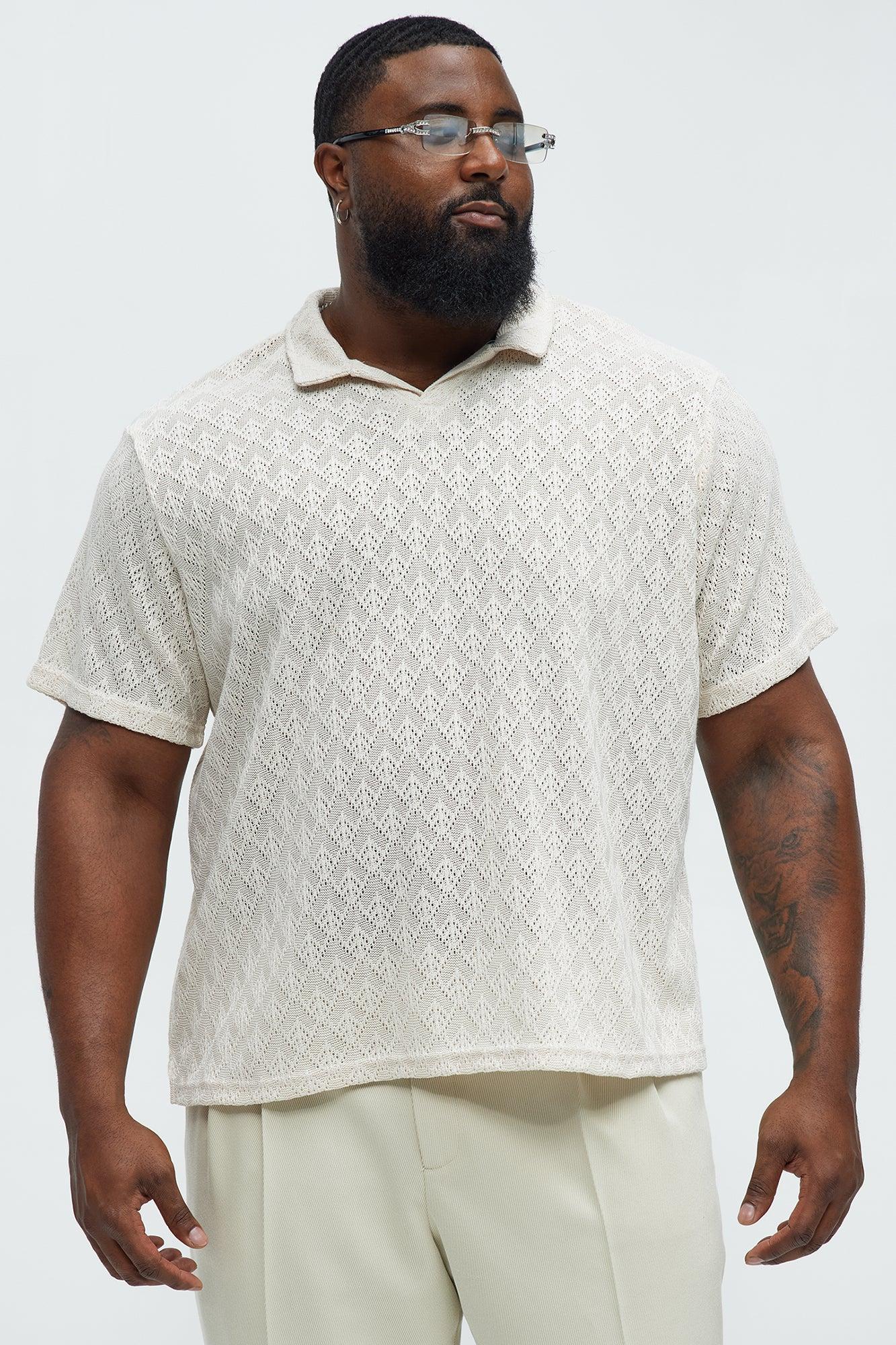 Diamond Shape Knit Johnny Collar Shirt - Cream Product Image