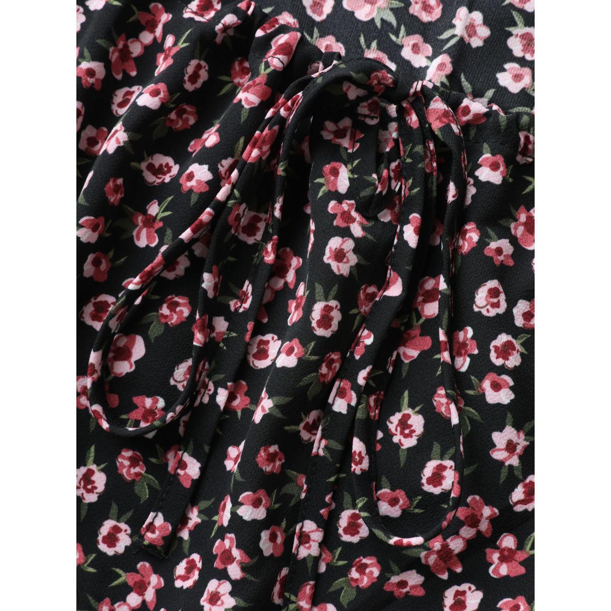 Plus Size BlackFlower Floral Adjustable Drawstring Neck Shirred Blouse Women Timeless Elbow-length sleeve Square Neck Elegant Blouses BloomChic 10/M Product Image