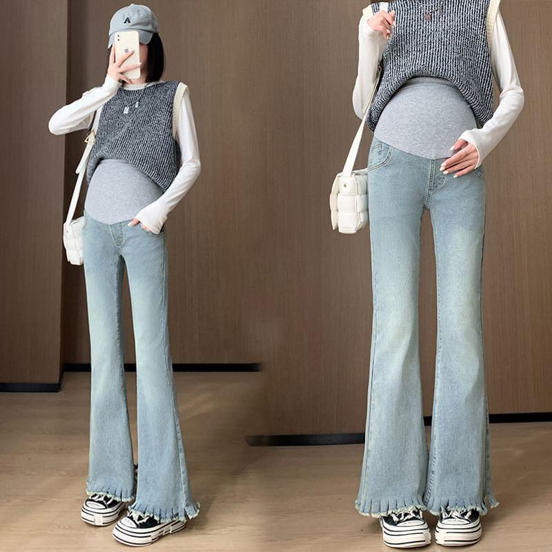 Maternity Elastic Waist Fray Flared Jeans Product Image