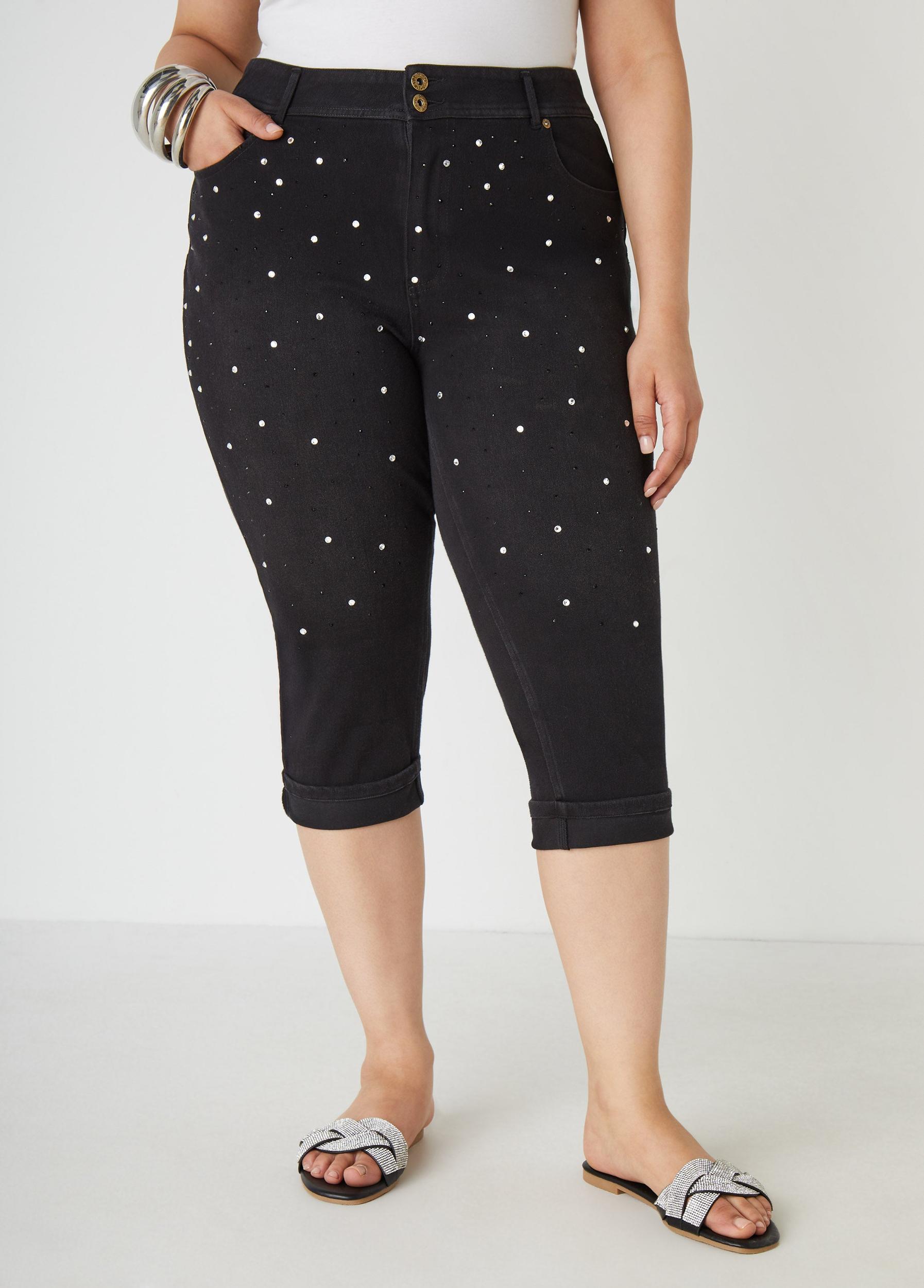 Cuffed Crystal Denim Capris Product Image