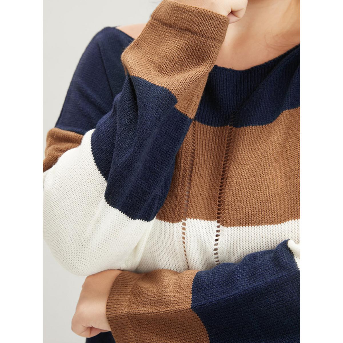 Plus Size Colorblock Contrast Pointelle Knit Eyelet Split Hem Knit Top Midnight Women Casual Loose Long Sleeve Round Neck Dailywear Pullovers BloomChic 18-20/2X Product Image