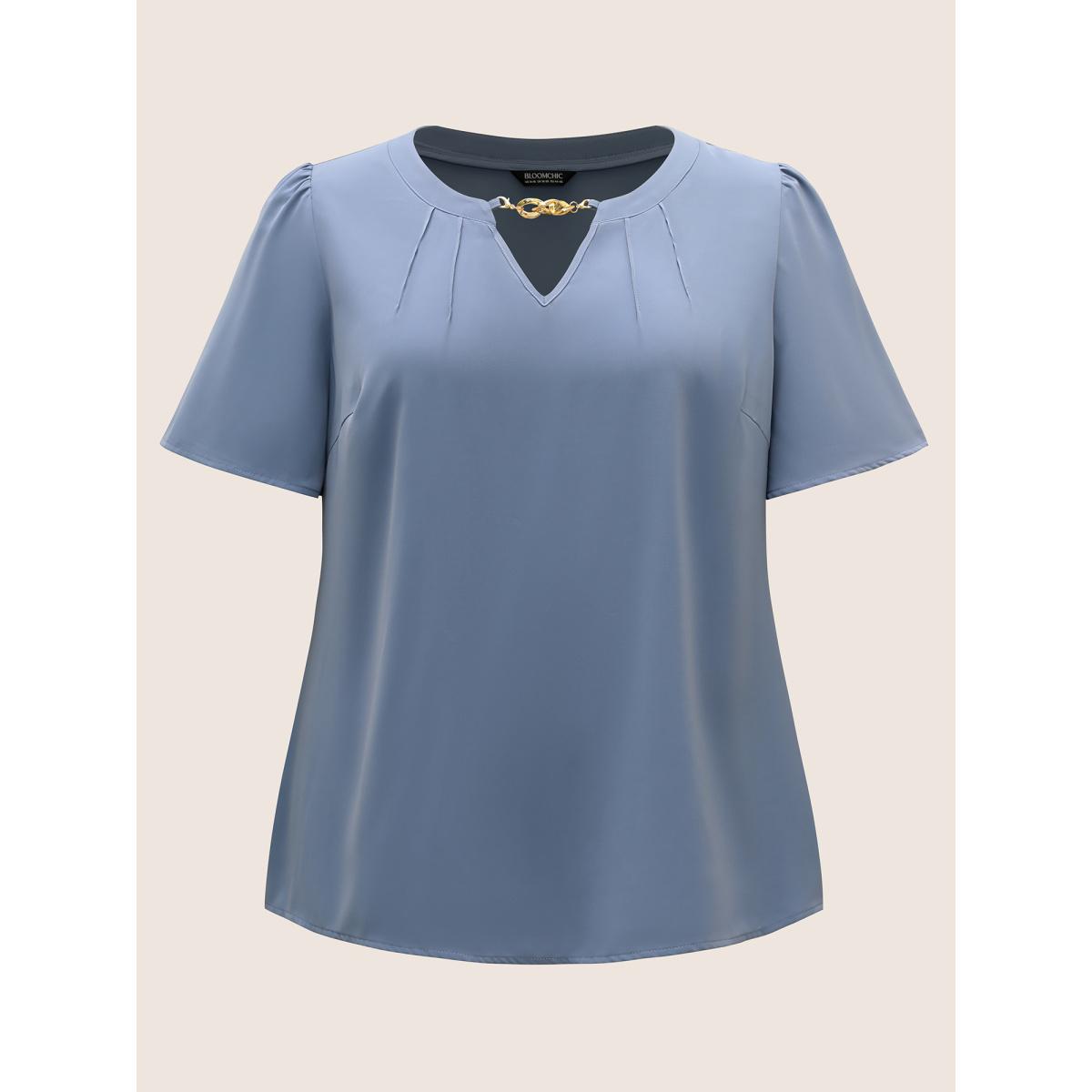 Plus Size Stone Keyhole Metal Chain Detail Ruffle Sleeve Blouse Women Work From Home Short sleeve Round Neck Work Blouses BloomChic 22-24/3X Product Image