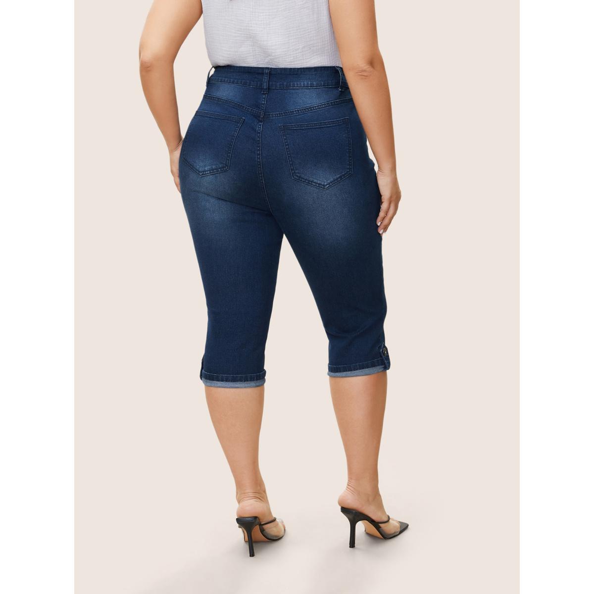 Plus Size Plain Roll Hem Skinny Cropped Jeans Women Indigo Casual Plain Non High stretch Slanted pocket Jeans BloomChic 14/1X Product Image