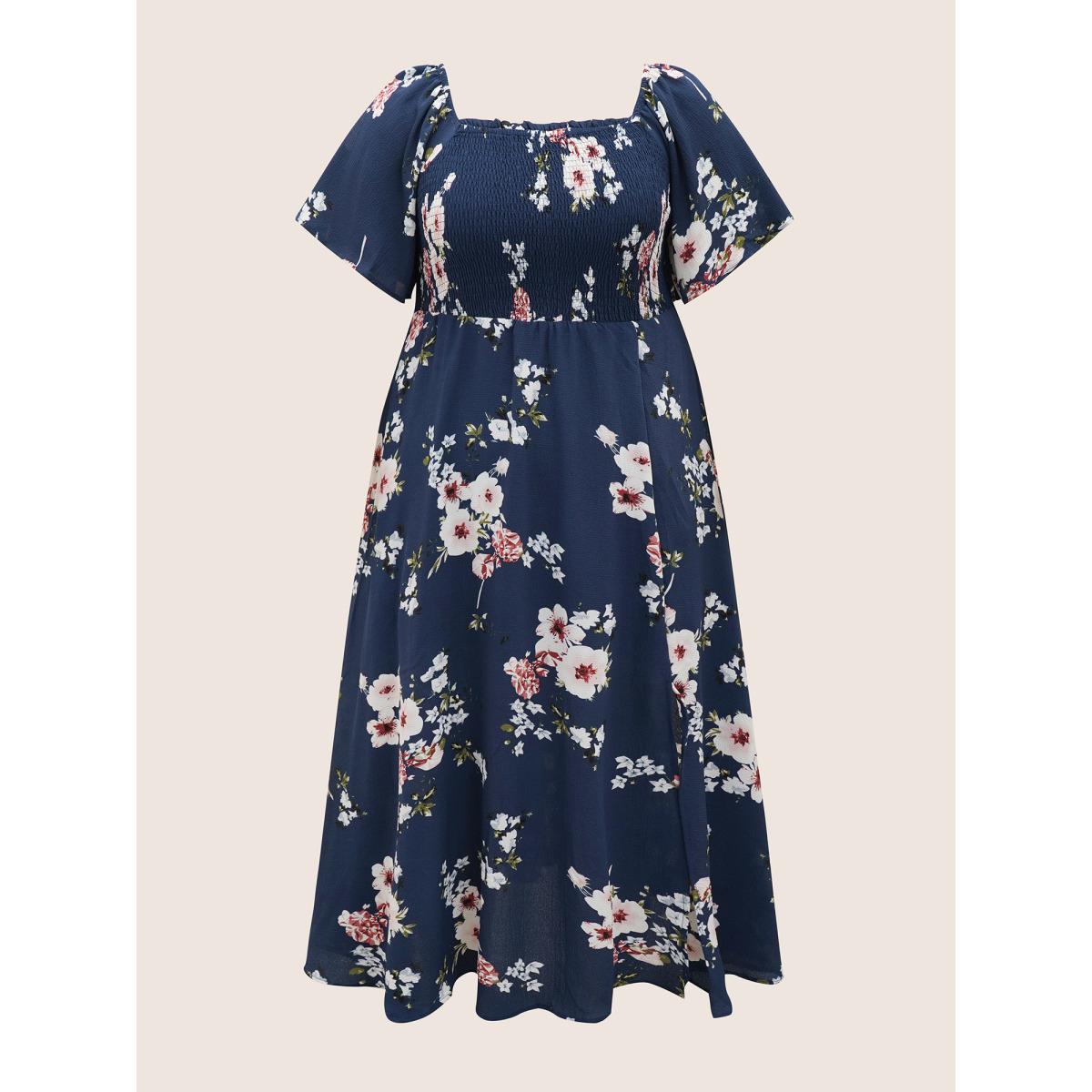 Plus Size Floral Square Neck Ruffles Pocket Shirred Split Dress DarkBlue Women Romantic Non Square Neck Short sleeve Curvy BloomChic 28/5X Product Image