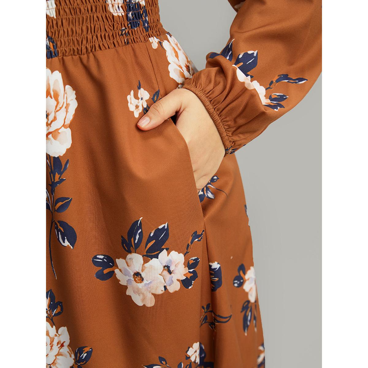 Plus Size Floral Print Notched Shirred Elastic Cuffs Dress Chocolate Women Elegant Elastic cuffs Notched collar Long Sleeve Curvy Midi Dress BloomChic 22-24/3X Product Image