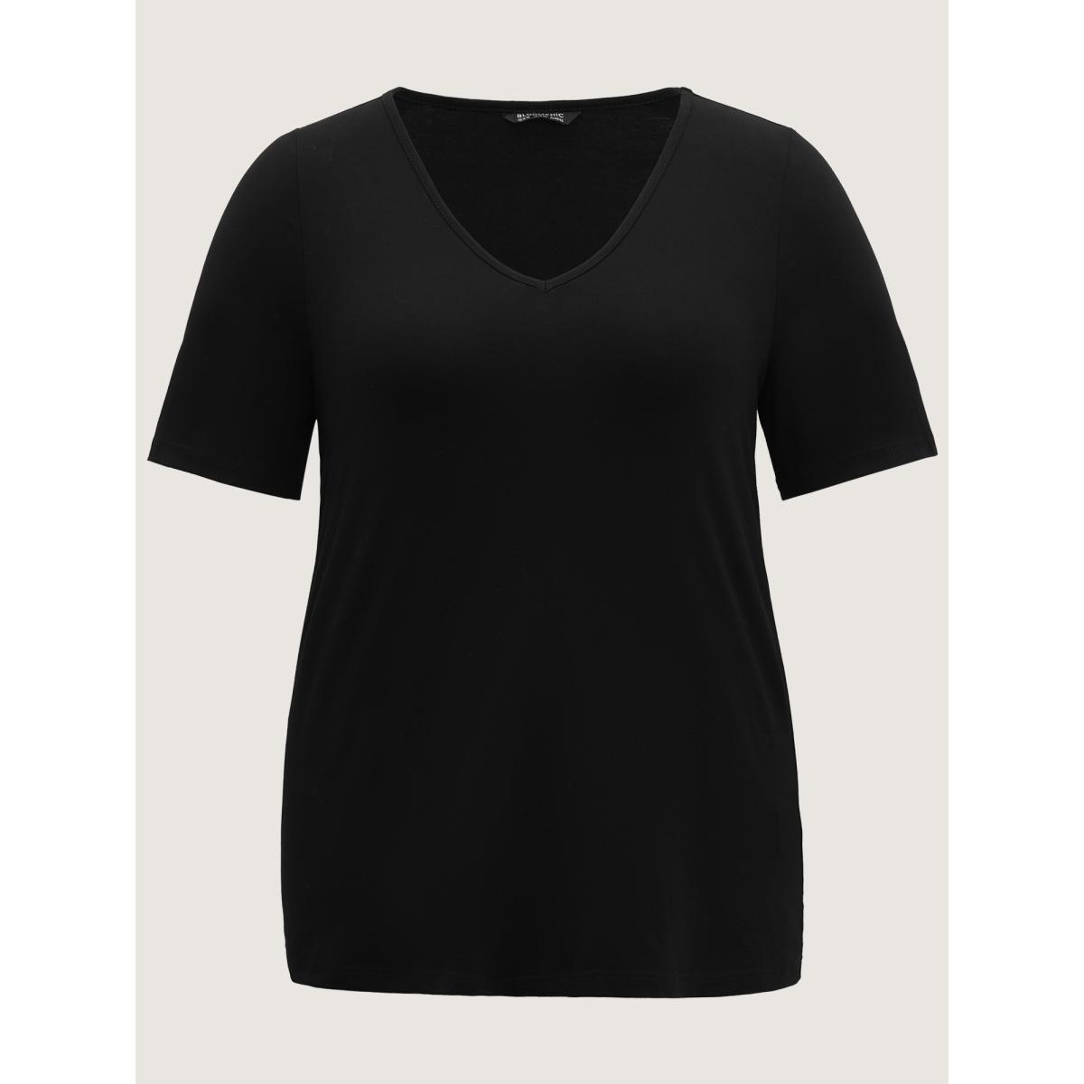 Plus Size Cotton V Neck Plain Basic T-shirt Black Women Leisure Non Plain V-neck Casual T-shirts BloomChic 22-24/3X Product Image