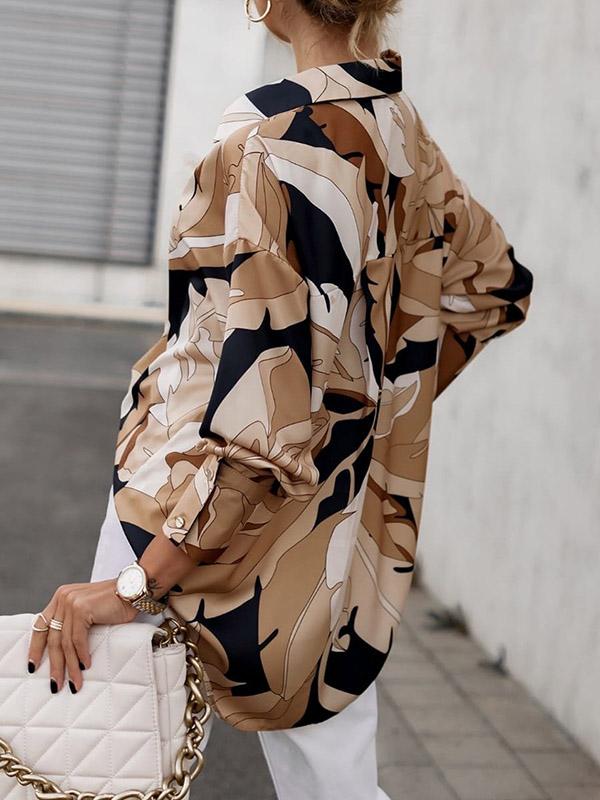 Long Sleeves Loose Buttoned Printed Lapel Blouses&Shirts Tops Product Image