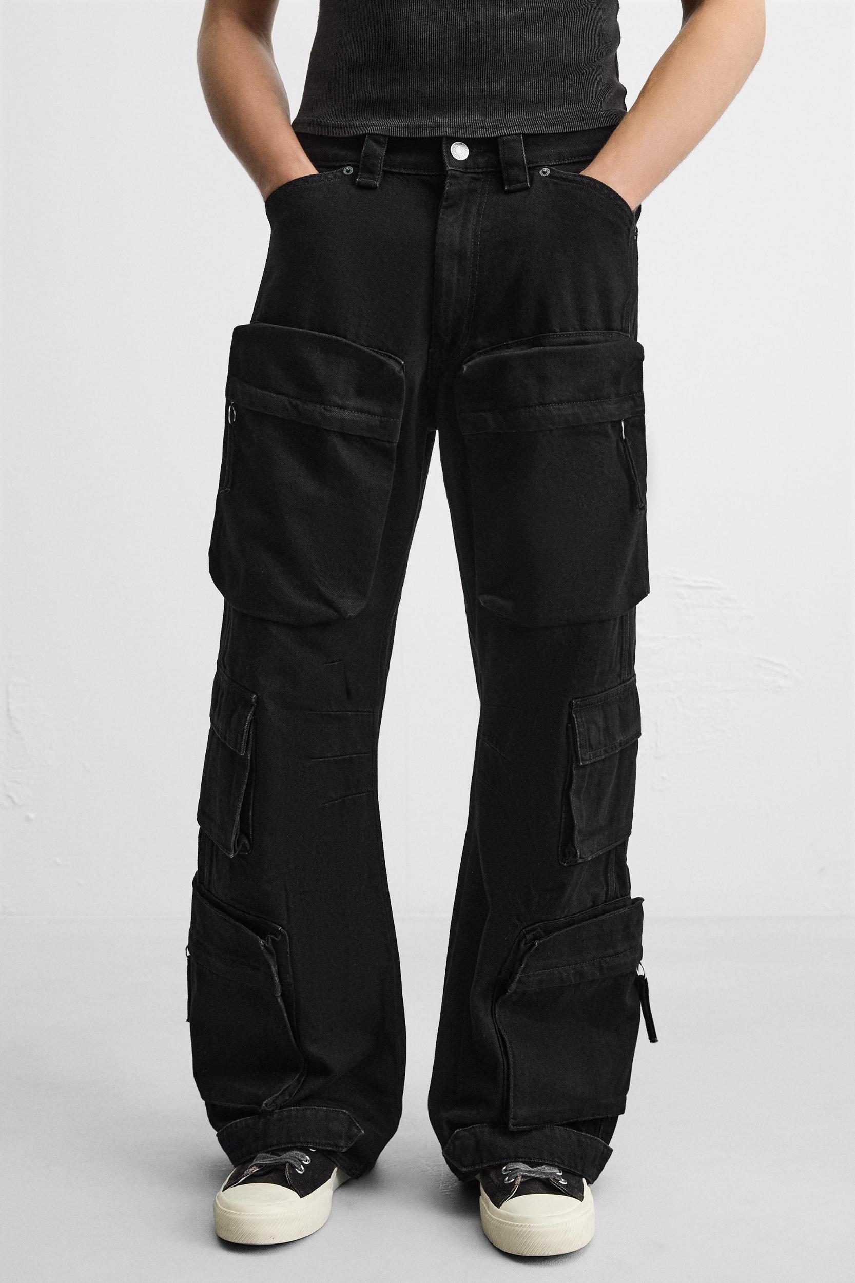 DENIM CARGO PANTS WITH POCKETS Product Image