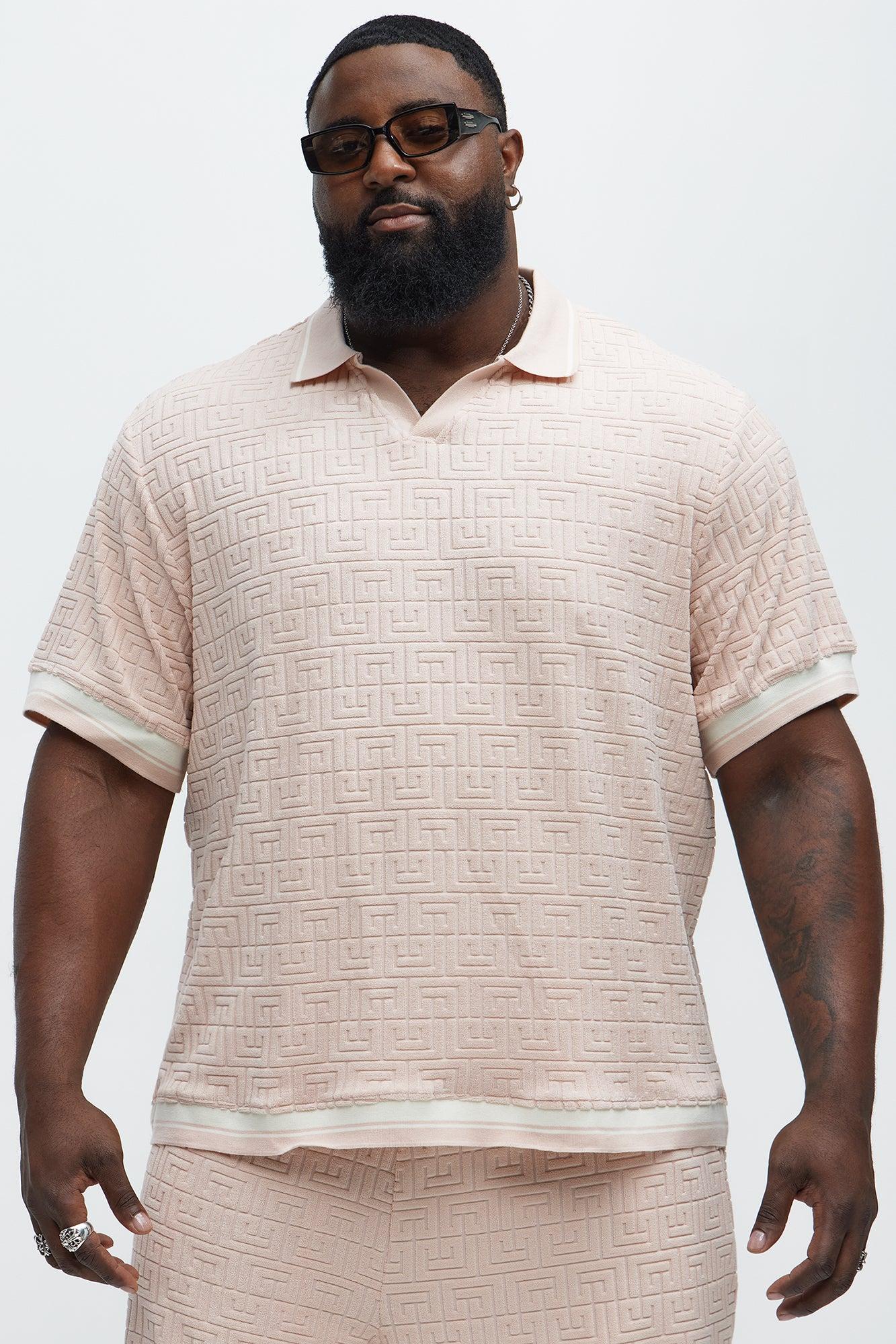 Grecian Textured Johnny Collar Polo Shirt - Pink Product Image