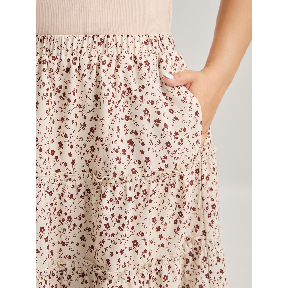 Plus Size Ditsy Floral Print Ruffled Midi Skirt Women Apricot Casual Loose No stretch Side seam pocket Everyday-Casual Skirts BloomChic 28/5X Product Image