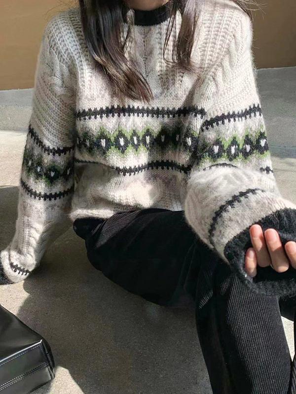 Vintage Jacquard Cable Knit Pullover Sweater Product Image