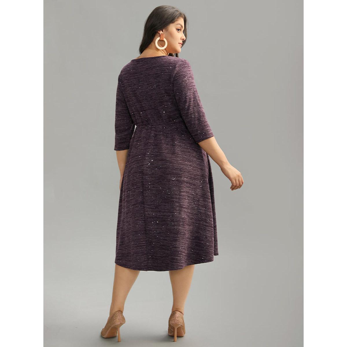 Plus Size Glitter Keyhole Gathered Elastic Waist Dress Purple Women Elegant Rib Knit Keyhole Cut-Out Elbow-length sleeve Curvy Midi Dress BloomChic 26/4X Product Image